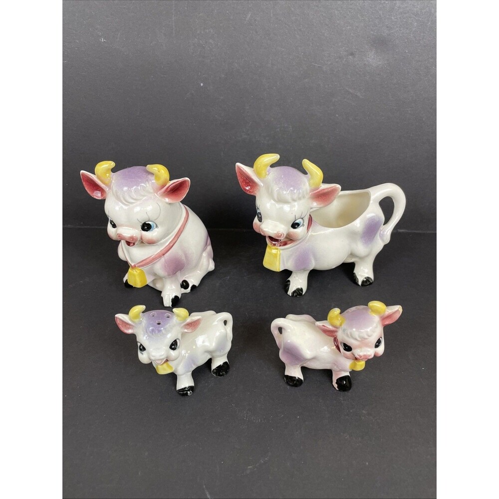 Vintage Four Piece Purple Cow Set Sugar Creamer Salt & Pepper Shakers Japan